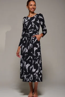 Jolie Moi Occasion Dresses|Weekend Casuals-Puff Long Sleeve Jersey Maxi Dress, Black Brushstroke