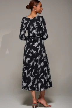 Jolie Moi Occasion Dresses|Weekend Casuals-Puff Long Sleeve Jersey Maxi Dress, Black Brushstroke
