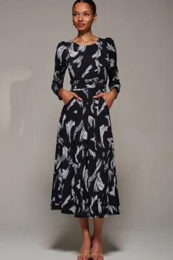 Jolie Moi Occasion Dresses|Weekend Casuals-Puff Long Sleeve Jersey Maxi Dress, Black Brushstroke