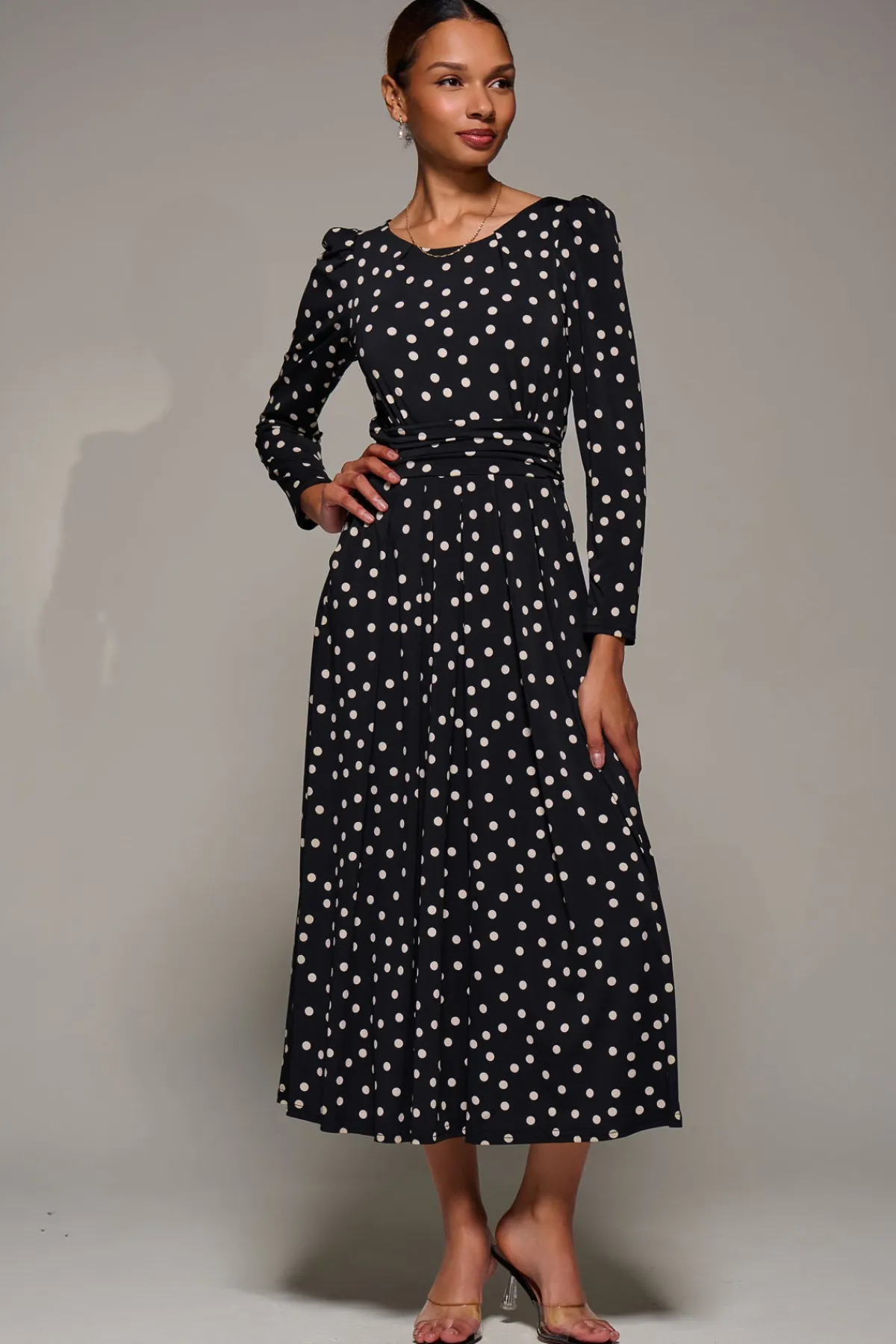 Jolie Moi Occasion Dresses|Jersey Dresses-Puff Long Sleeve Jersey Maxi Dress, Black Spot