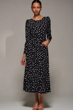 Jolie Moi Occasion Dresses|Jersey Dresses-Puff Long Sleeve Jersey Maxi Dress, Black Spot