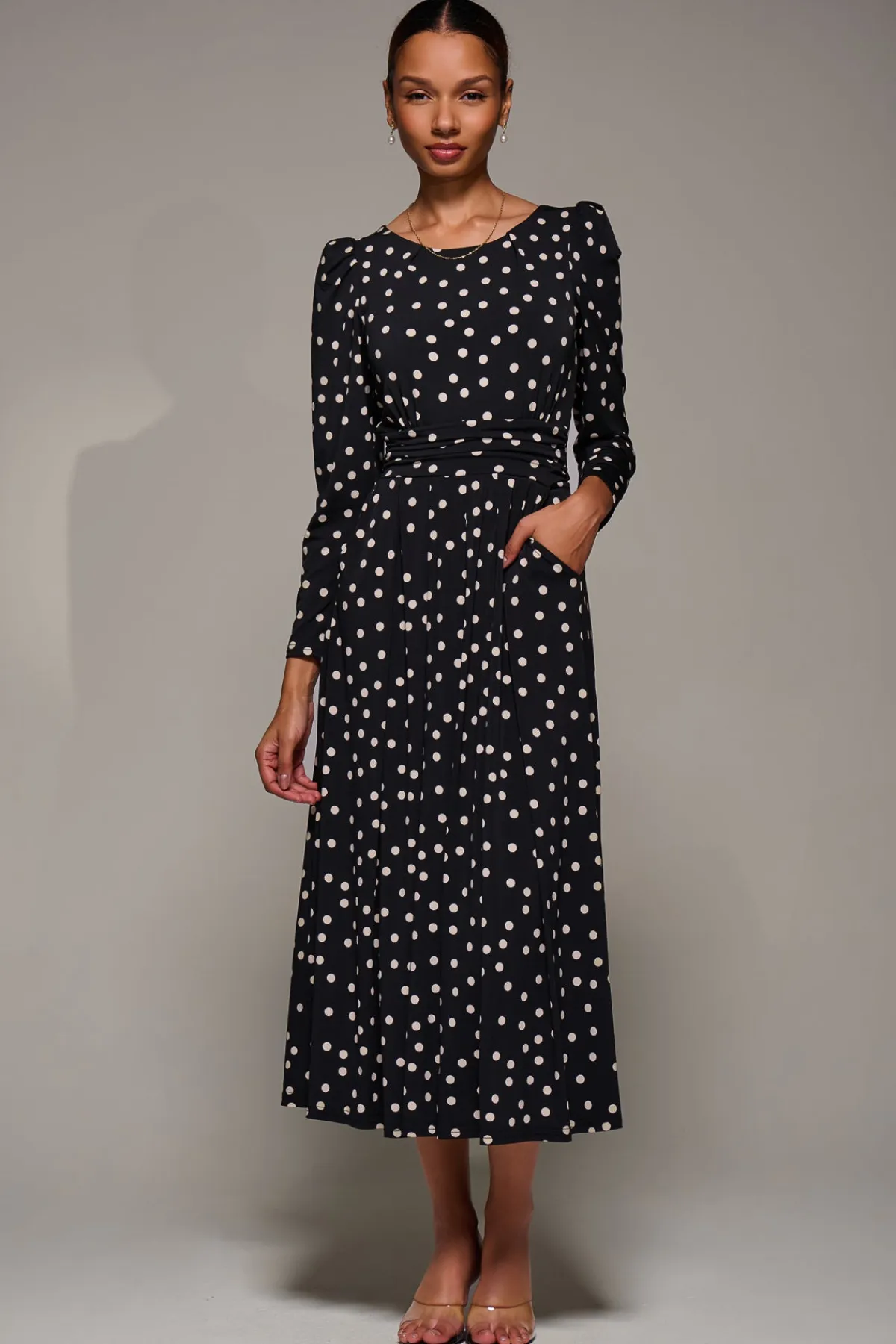 Jolie Moi Occasion Dresses|Jersey Dresses-Puff Long Sleeve Jersey Maxi Dress, Black Spot