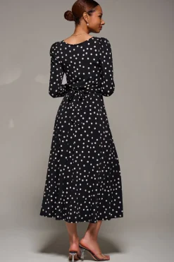 Jolie Moi Occasion Dresses|Jersey Dresses-Puff Long Sleeve Jersey Maxi Dress, Black Spot