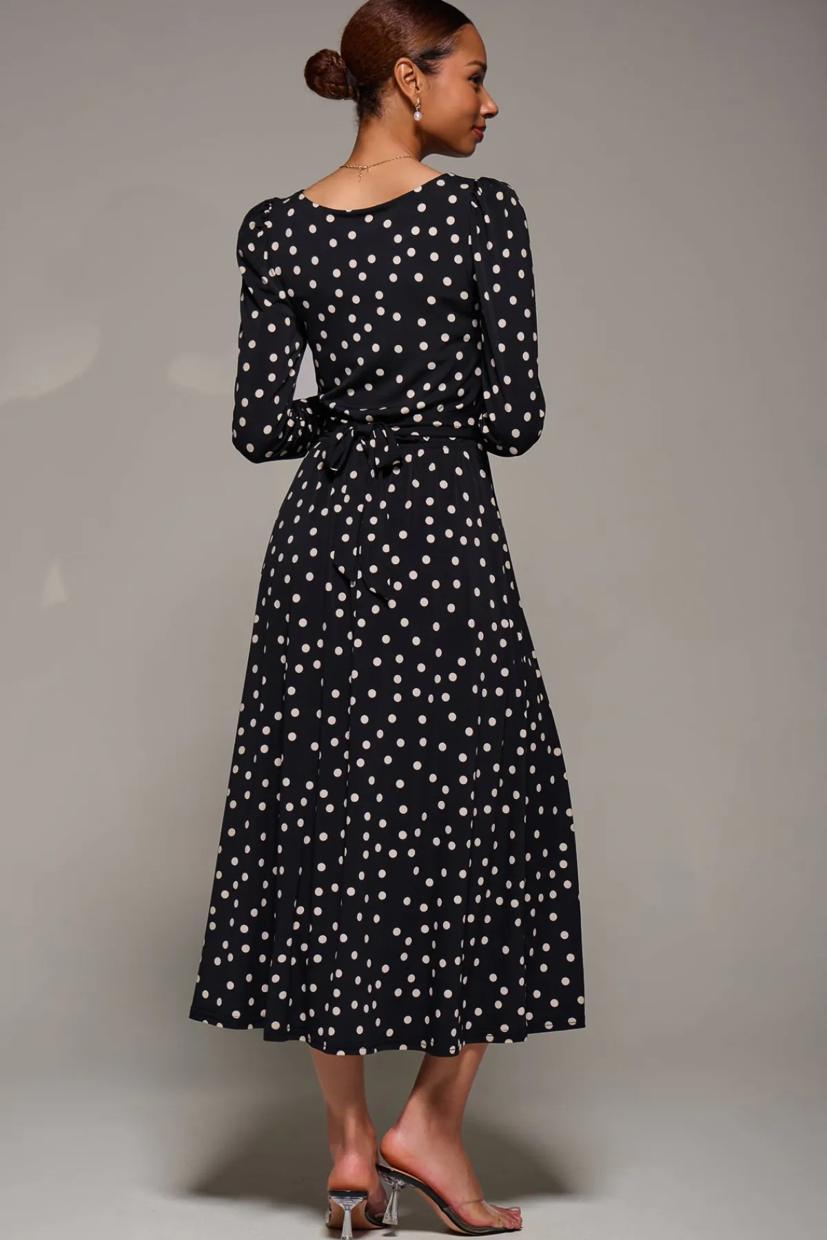 Jolie Moi Occasion Dresses|Jersey Dresses-Puff Long Sleeve Jersey Maxi Dress, Black Spot