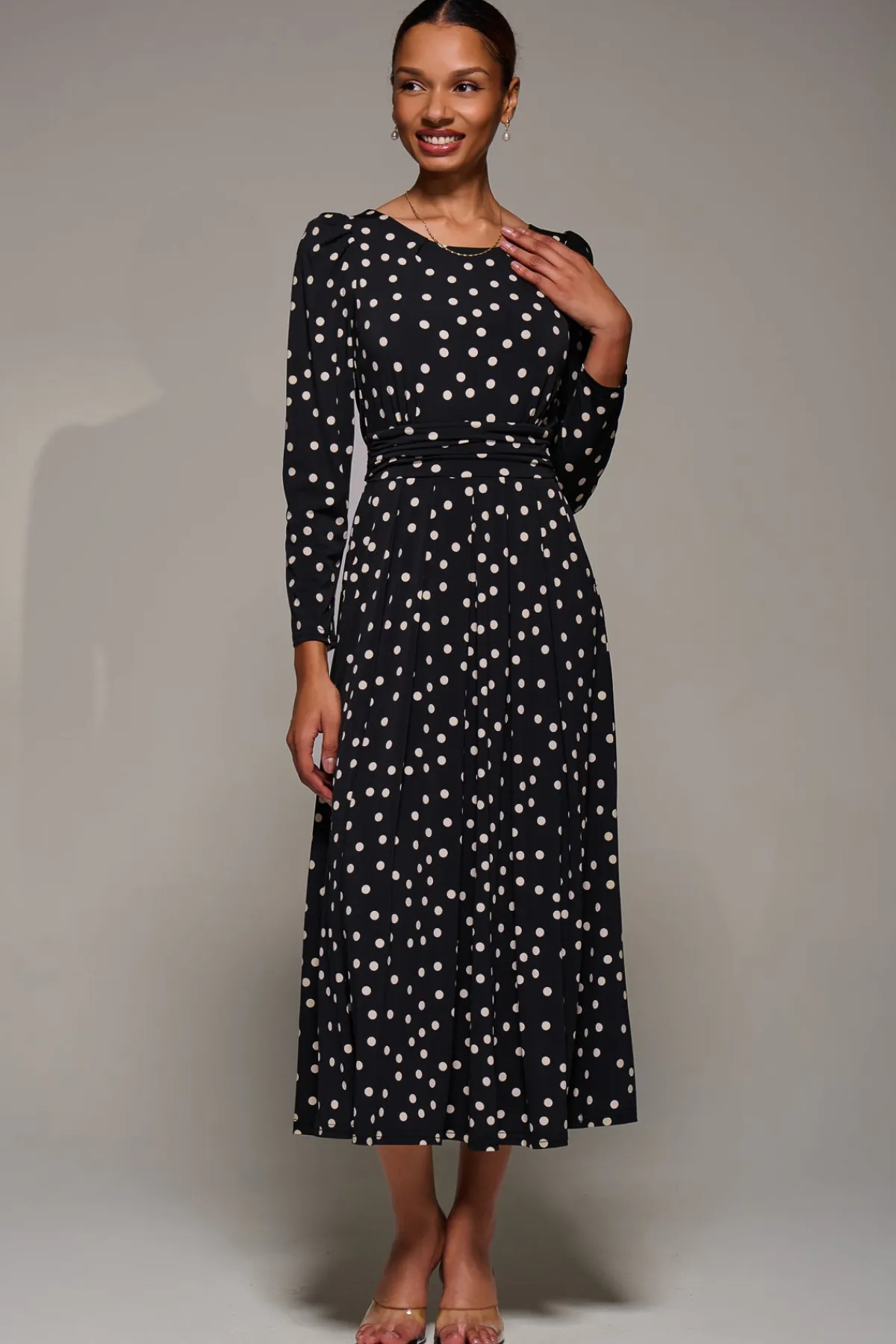 Jolie Moi Occasion Dresses|Jersey Dresses-Puff Long Sleeve Jersey Maxi Dress, Black Spot
