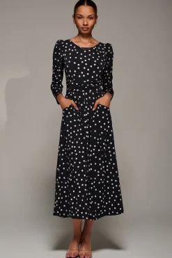 Jolie Moi Occasion Dresses|Jersey Dresses-Puff Long Sleeve Jersey Maxi Dress, Black Spot