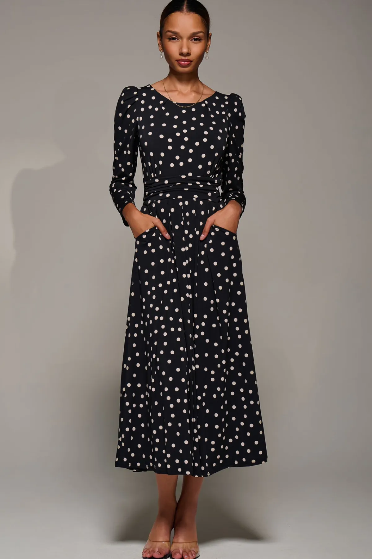 Jolie Moi Occasion Dresses|Jersey Dresses-Puff Long Sleeve Jersey Maxi Dress, Black Spot