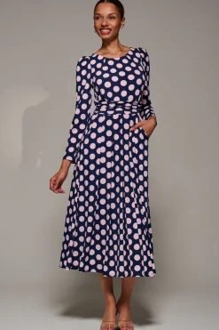 Jolie Moi Occasion Dresses|Jersey Dresses-Puff Long Sleeve Jersey Maxi Dress, Navy Spot
