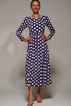 Jolie Moi Occasion Dresses|Jersey Dresses-Puff Long Sleeve Jersey Maxi Dress, Navy Spot