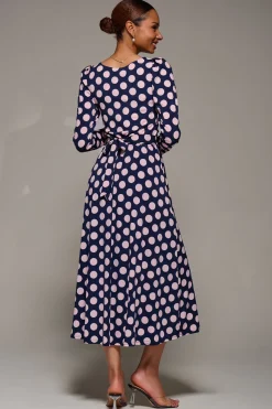 Jolie Moi Occasion Dresses|Jersey Dresses-Puff Long Sleeve Jersey Maxi Dress, Navy Spot