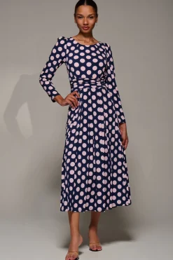 Jolie Moi Occasion Dresses|Jersey Dresses-Puff Long Sleeve Jersey Maxi Dress, Navy Spot