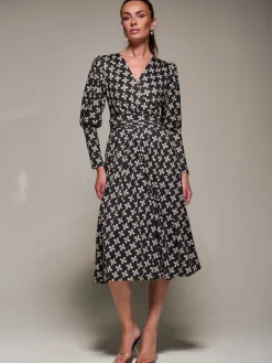 Jolie Moi Occasion Dresses|Midi Dresses-Puff Long Sleeve Jersey Midi Dress, Black Pattern