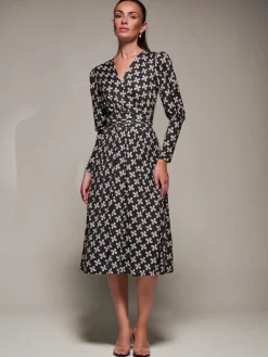 Jolie Moi Occasion Dresses|Midi Dresses-Puff Long Sleeve Jersey Midi Dress, Black Pattern
