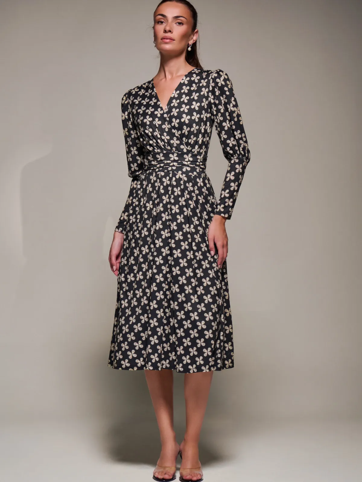 Jolie Moi Occasion Dresses|Midi Dresses-Puff Long Sleeve Jersey Midi Dress, Black Pattern