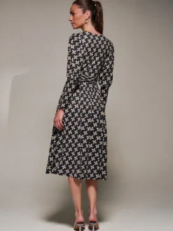 Jolie Moi Occasion Dresses|Midi Dresses-Puff Long Sleeve Jersey Midi Dress, Black Pattern