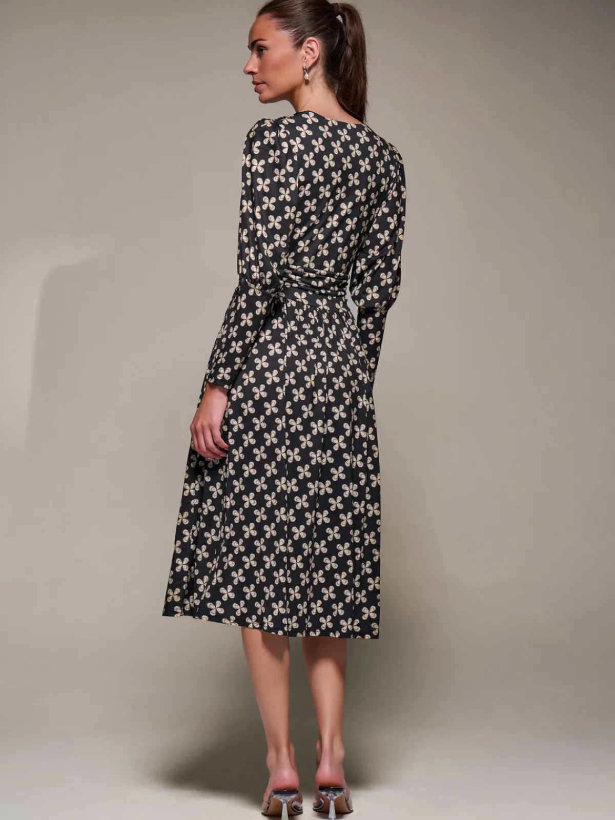 Jolie Moi Occasion Dresses|Midi Dresses-Puff Long Sleeve Jersey Midi Dress, Black Pattern