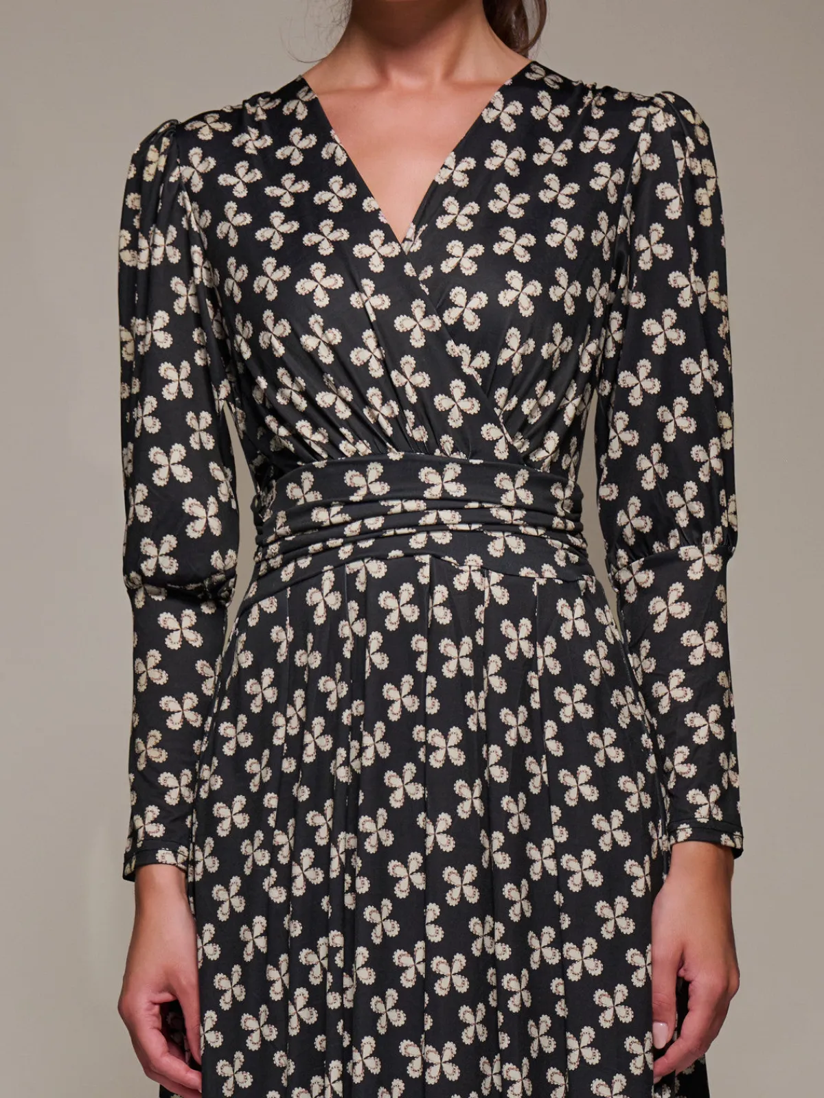 Jolie Moi Occasion Dresses|Midi Dresses-Puff Long Sleeve Jersey Midi Dress, Black Pattern