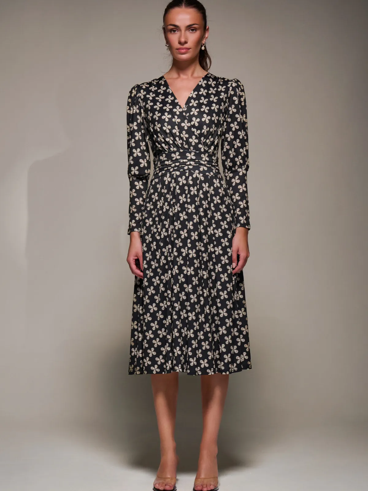 Jolie Moi Occasion Dresses|Midi Dresses-Puff Long Sleeve Jersey Midi Dress, Black Pattern