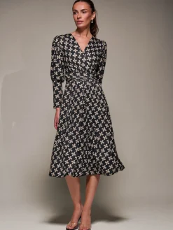 Jolie Moi Occasion Dresses|Midi Dresses-Puff Long Sleeve Jersey Midi Dress, Black Pattern