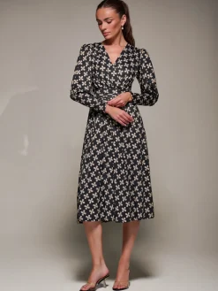 Jolie Moi Occasion Dresses|Midi Dresses-Puff Long Sleeve Jersey Midi Dress, Black Pattern