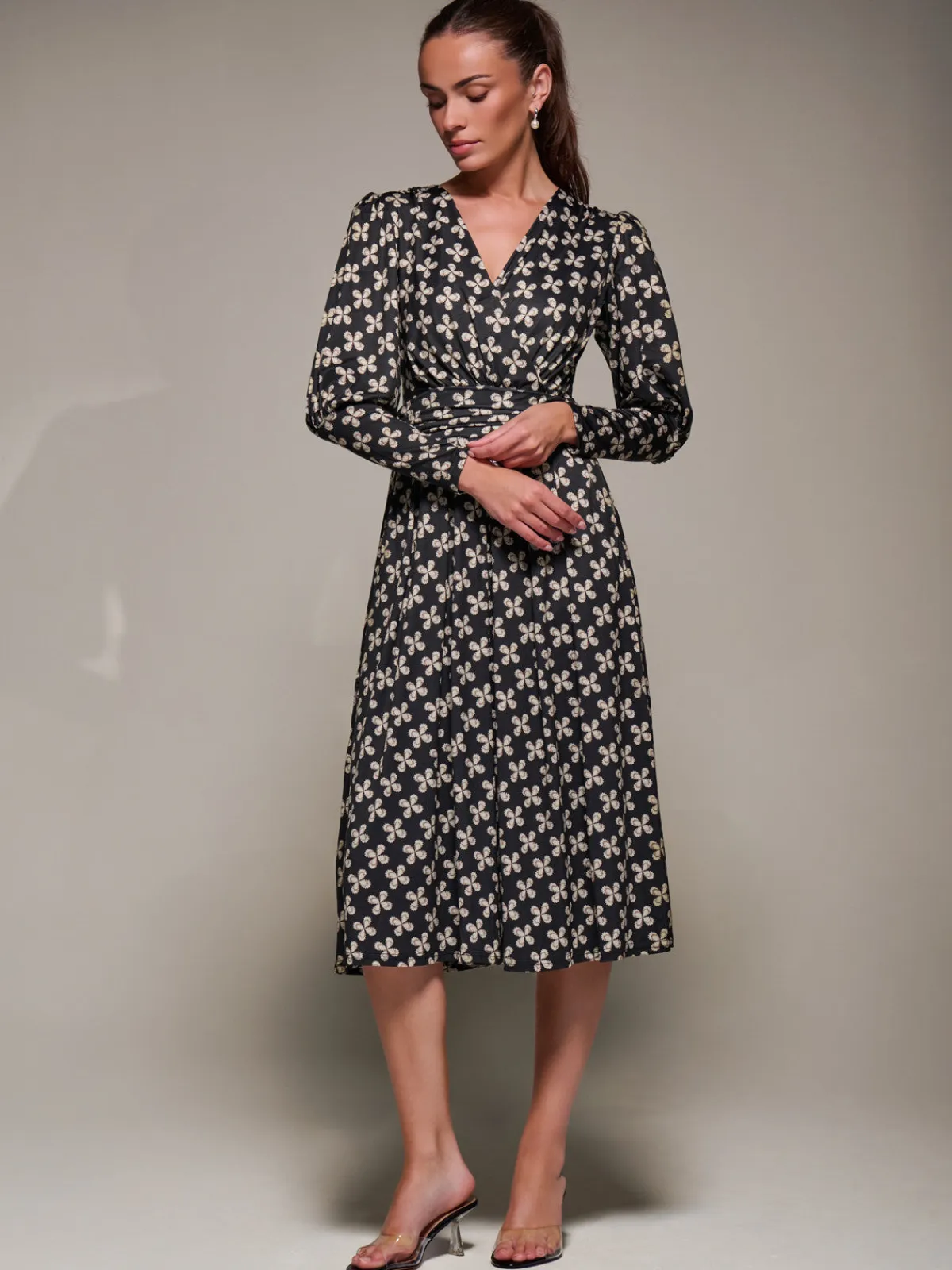 Jolie Moi Occasion Dresses|Midi Dresses-Puff Long Sleeve Jersey Midi Dress, Black Pattern