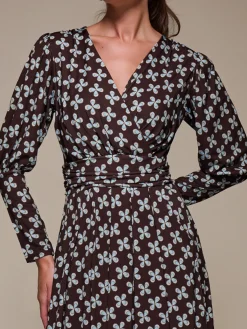 Jolie Moi Occasion Dresses|Jersey Dresses-Puff Long Sleeve Jersey Midi Dress, Brown Pattern