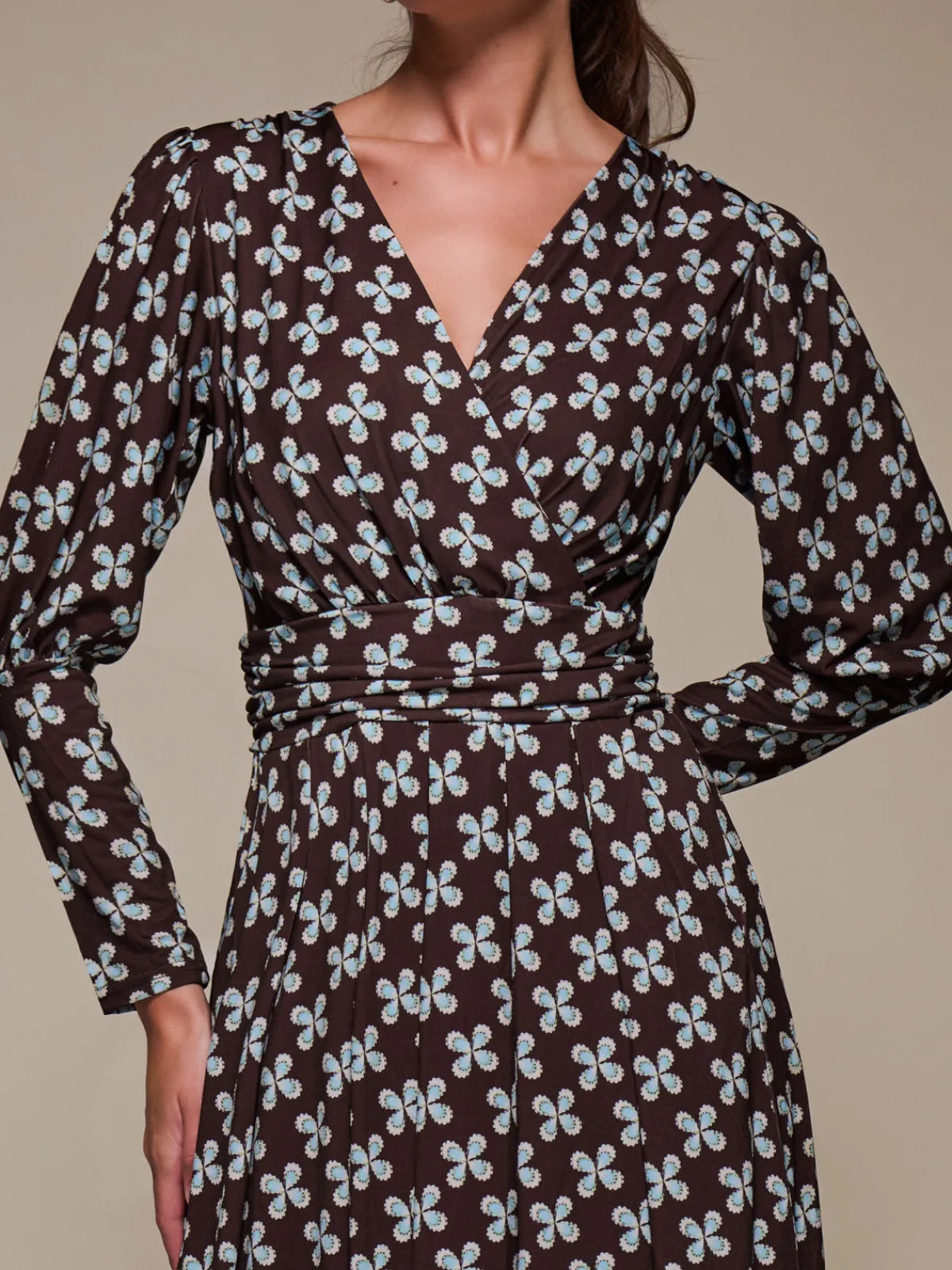 Jolie Moi Occasion Dresses|Jersey Dresses-Puff Long Sleeve Jersey Midi Dress, Brown Pattern