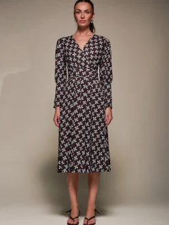 Jolie Moi Occasion Dresses|Jersey Dresses-Puff Long Sleeve Jersey Midi Dress, Brown Pattern