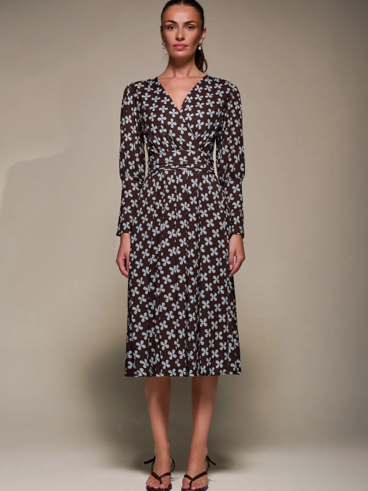 Jolie Moi Occasion Dresses|Jersey Dresses-Puff Long Sleeve Jersey Midi Dress, Brown Pattern