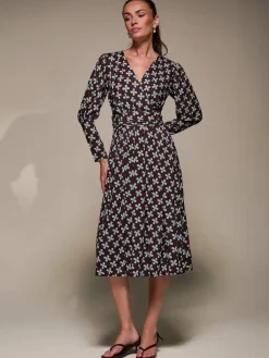 Jolie Moi Occasion Dresses|Jersey Dresses-Puff Long Sleeve Jersey Midi Dress, Brown Pattern