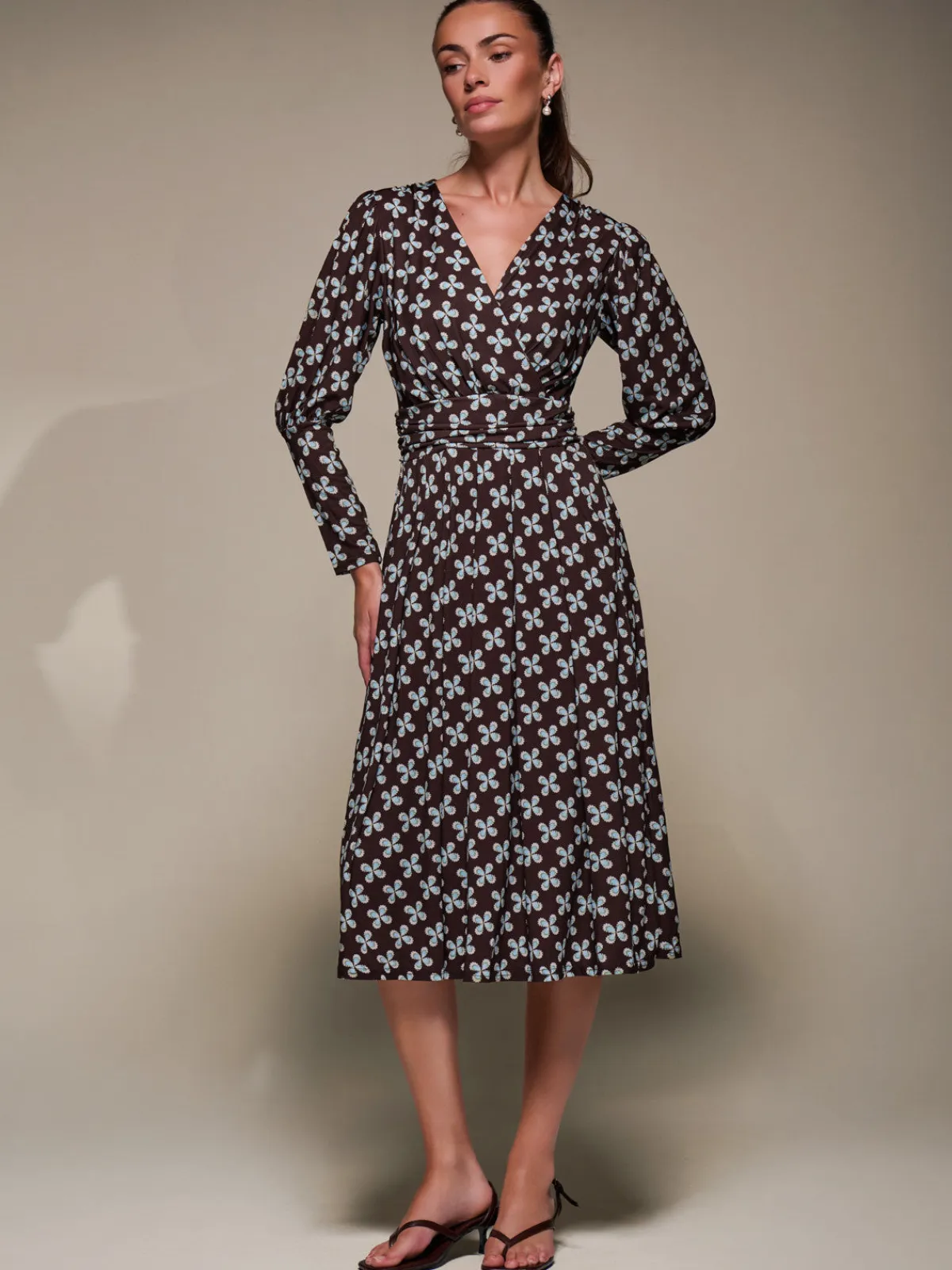 Jolie Moi Occasion Dresses|Jersey Dresses-Puff Long Sleeve Jersey Midi Dress, Brown Pattern