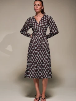Jolie Moi Occasion Dresses|Jersey Dresses-Puff Long Sleeve Jersey Midi Dress, Brown Pattern