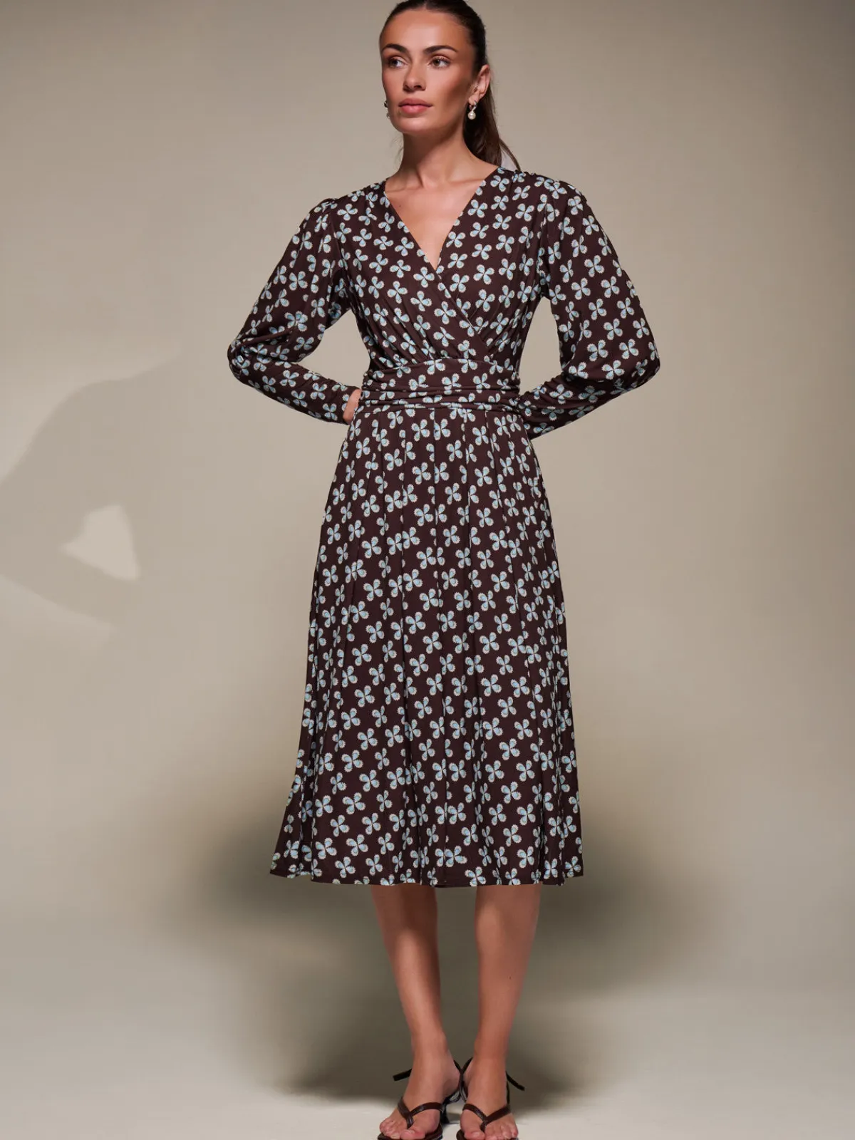 Jolie Moi Occasion Dresses|Jersey Dresses-Puff Long Sleeve Jersey Midi Dress, Brown Pattern