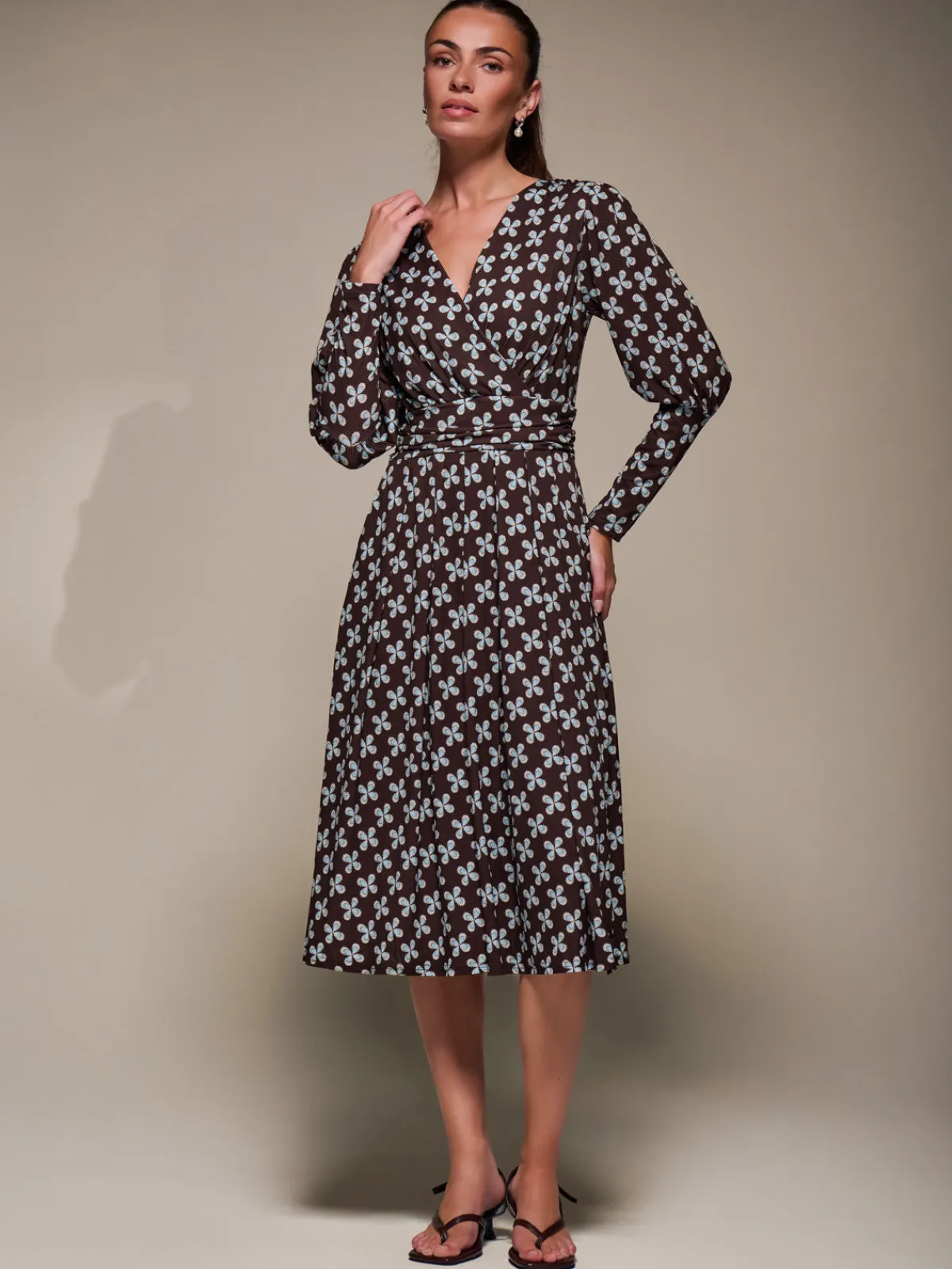 Jolie Moi Occasion Dresses|Jersey Dresses-Puff Long Sleeve Jersey Midi Dress, Brown Pattern