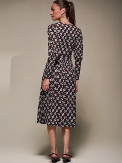 Jolie Moi Occasion Dresses|Jersey Dresses-Puff Long Sleeve Jersey Midi Dress, Brown Pattern