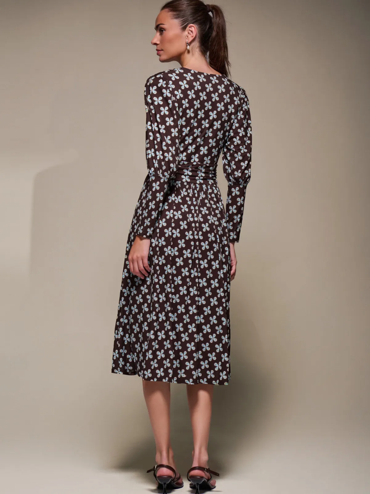 Jolie Moi Occasion Dresses|Jersey Dresses-Puff Long Sleeve Jersey Midi Dress, Brown Pattern