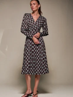 Jolie Moi Occasion Dresses|Jersey Dresses-Puff Long Sleeve Jersey Midi Dress, Brown Pattern