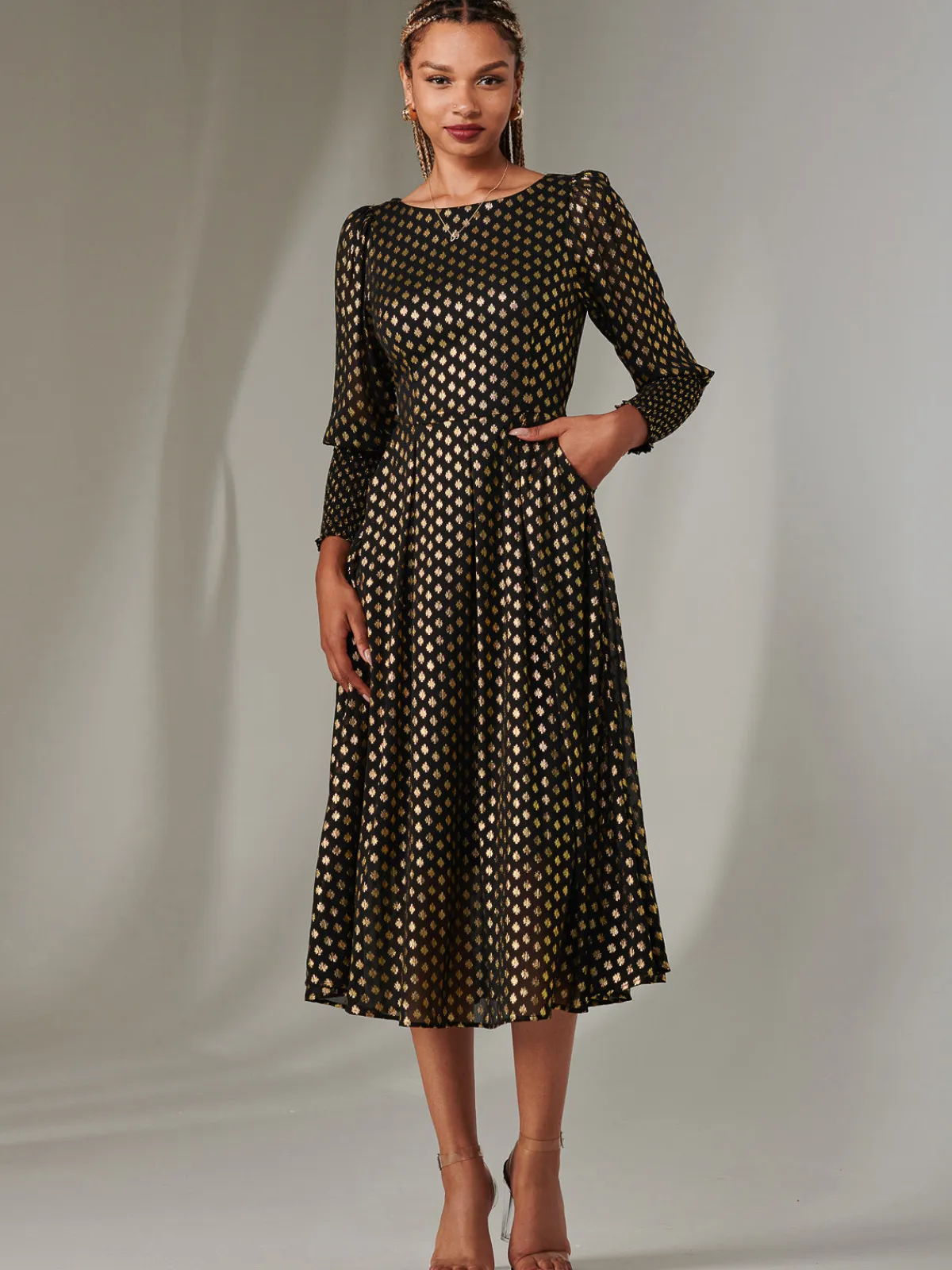 Jolie Moi Occasion Dresses|Long Sleeved Dresses-Puff Sleeve Gold Spotty Midaxi Dress, Black
