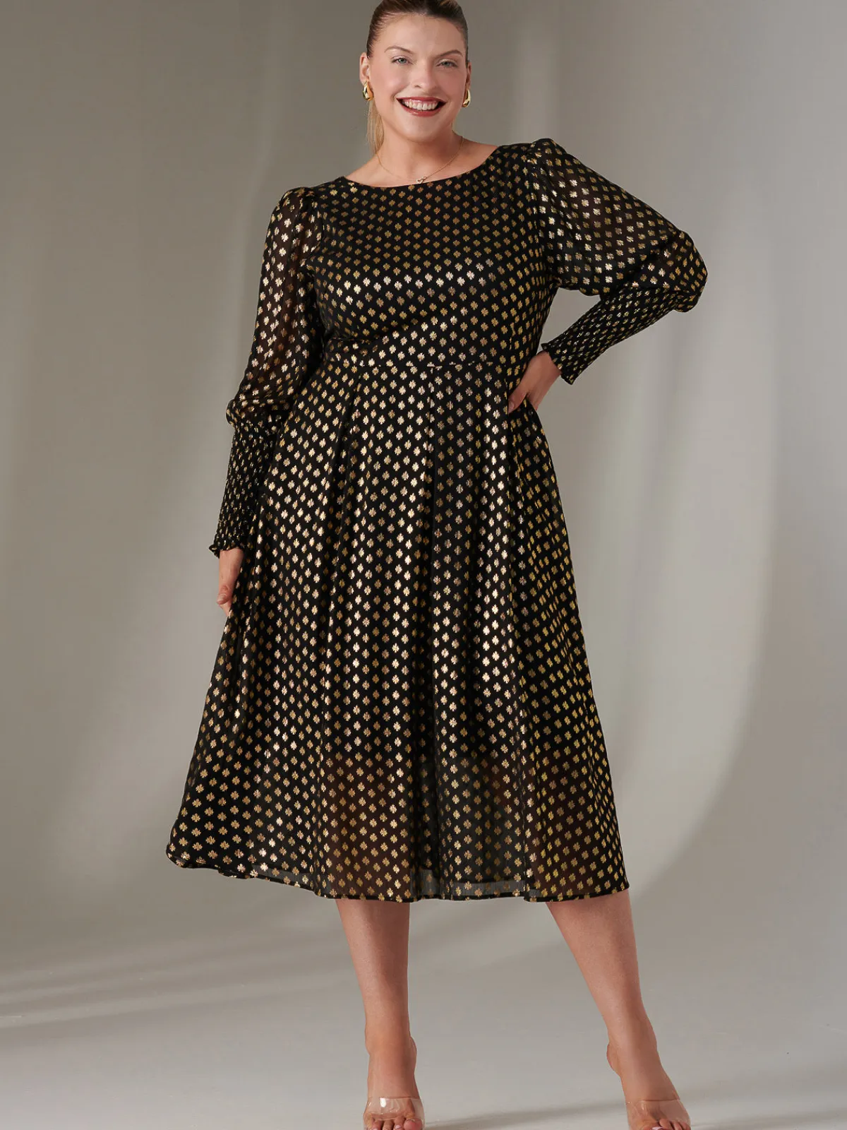 Jolie Moi Occasion Dresses|Long Sleeved Dresses-Puff Sleeve Gold Spotty Midaxi Dress, Black
