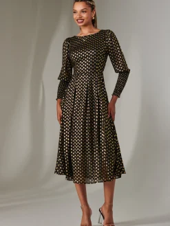 Jolie Moi Occasion Dresses|Long Sleeved Dresses-Puff Sleeve Gold Spotty Midaxi Dress, Black