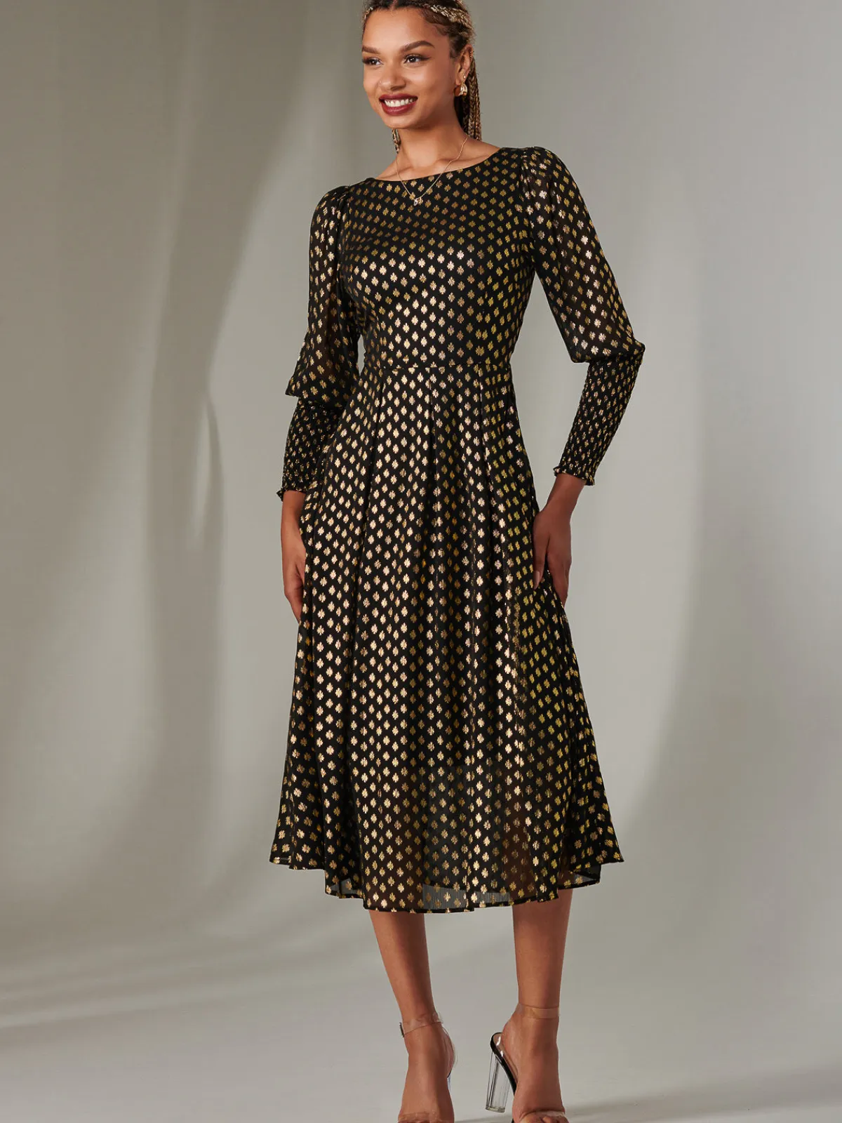 Jolie Moi Occasion Dresses|Long Sleeved Dresses-Puff Sleeve Gold Spotty Midaxi Dress, Black