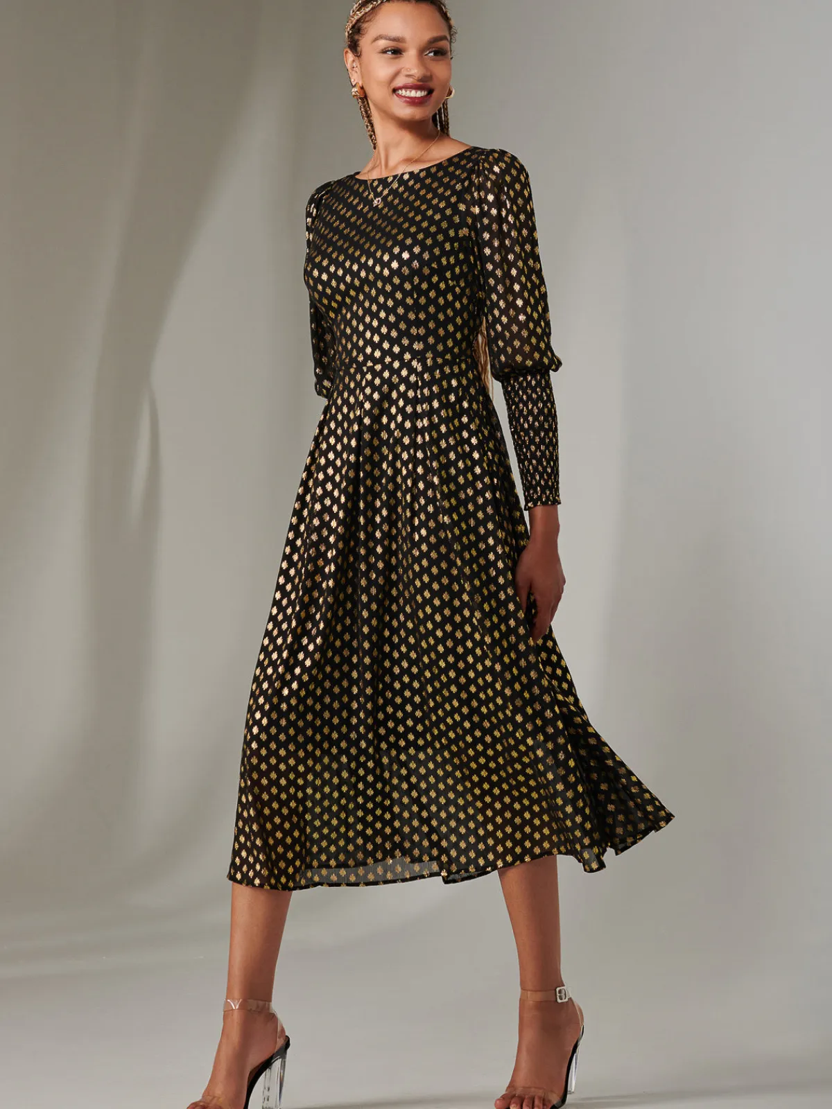 Jolie Moi Occasion Dresses|Long Sleeved Dresses-Puff Sleeve Gold Spotty Midaxi Dress, Black