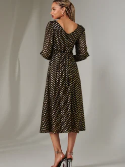 Jolie Moi Occasion Dresses|Long Sleeved Dresses-Puff Sleeve Gold Spotty Midaxi Dress, Black