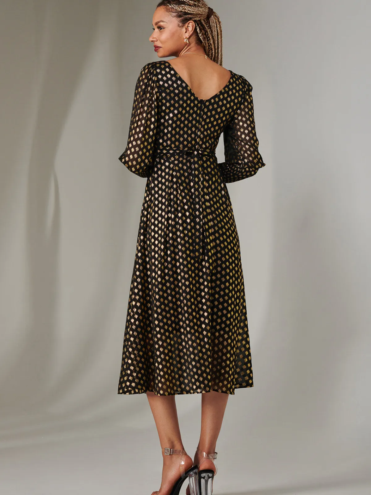 Jolie Moi Occasion Dresses|Long Sleeved Dresses-Puff Sleeve Gold Spotty Midaxi Dress, Black