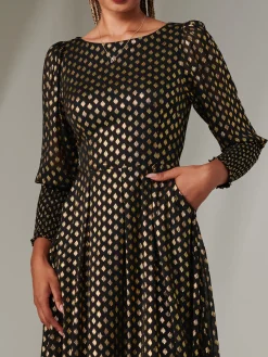 Jolie Moi Occasion Dresses|Long Sleeved Dresses-Puff Sleeve Gold Spotty Midaxi Dress, Black