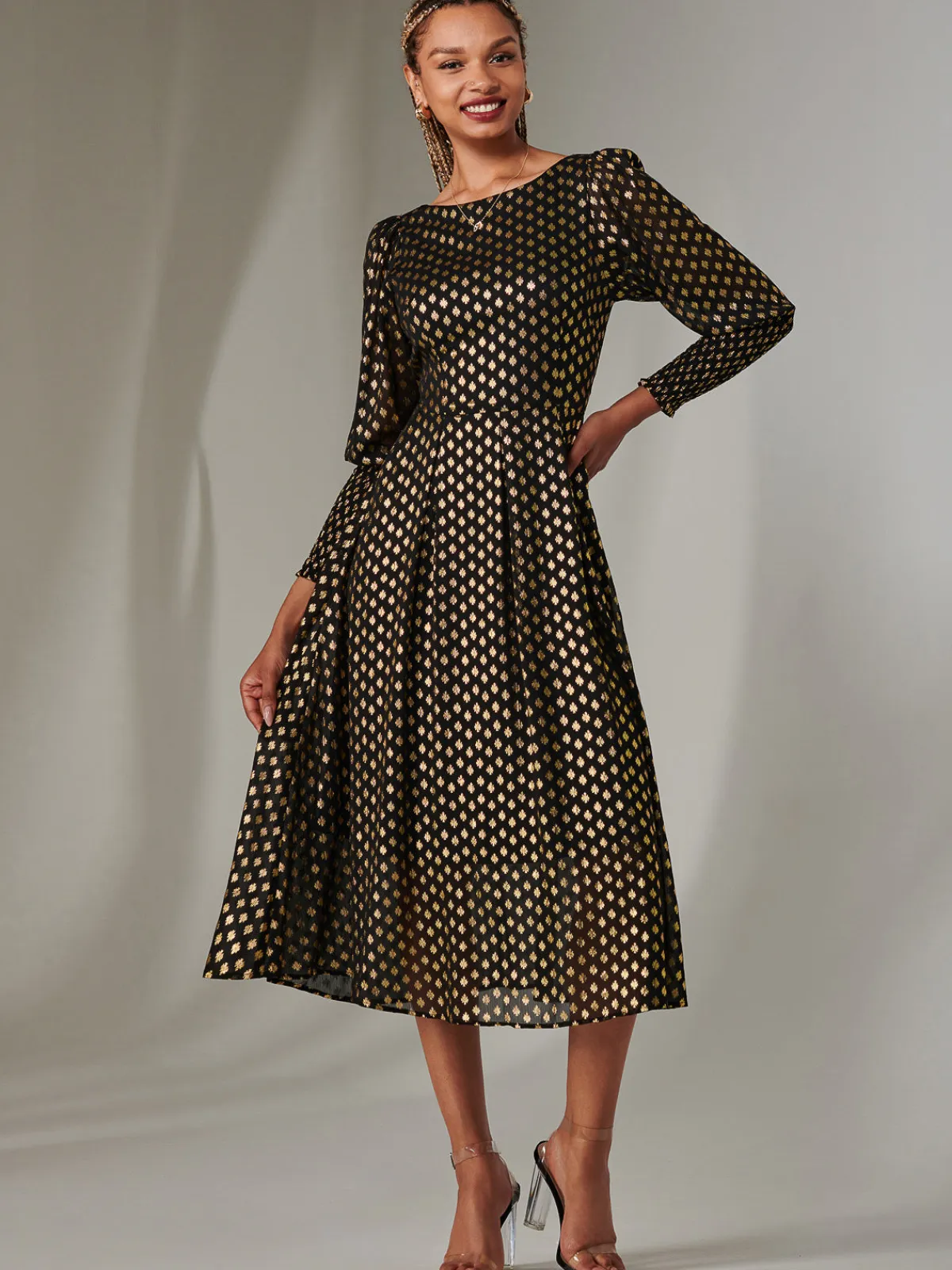 Jolie Moi Occasion Dresses|Long Sleeved Dresses-Puff Sleeve Gold Spotty Midaxi Dress, Black