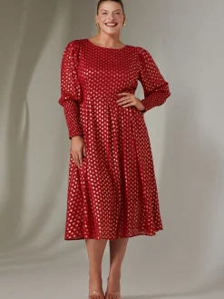 Jolie Moi Occasion Dresses|Long Sleeved Dresses-Puff Sleeve Gold Spotty Midaxi Dress, Dark Red