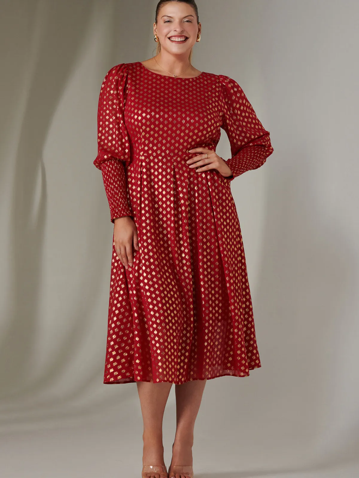 Jolie Moi Occasion Dresses|Long Sleeved Dresses-Puff Sleeve Gold Spotty Midaxi Dress, Dark Red