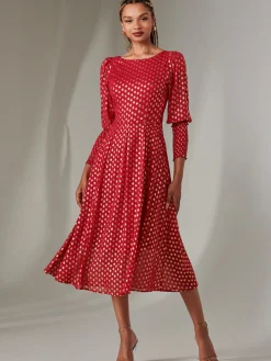 Jolie Moi Occasion Dresses|Long Sleeved Dresses-Puff Sleeve Gold Spotty Midaxi Dress, Dark Red