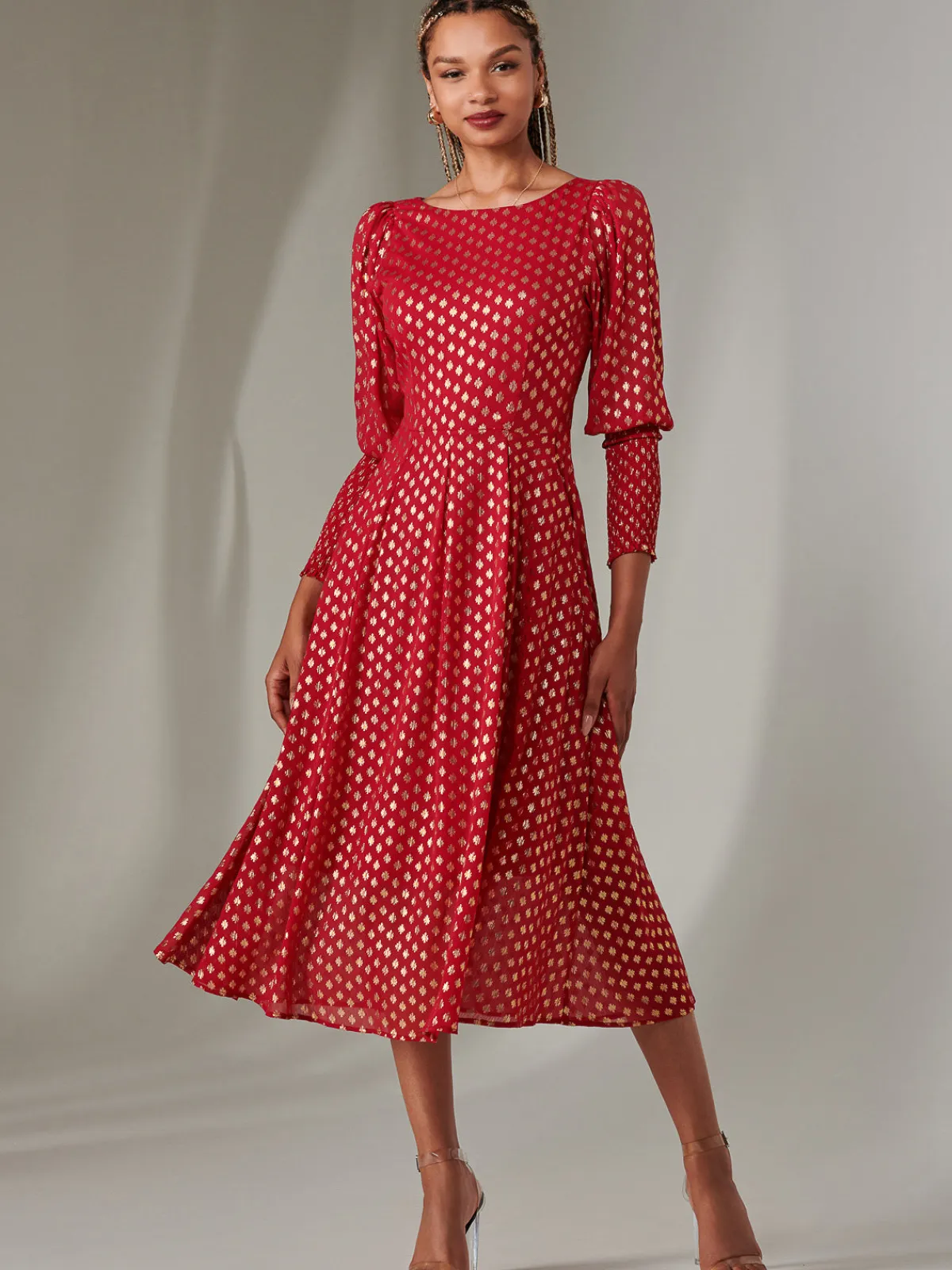 Jolie Moi Occasion Dresses|Long Sleeved Dresses-Puff Sleeve Gold Spotty Midaxi Dress, Dark Red
